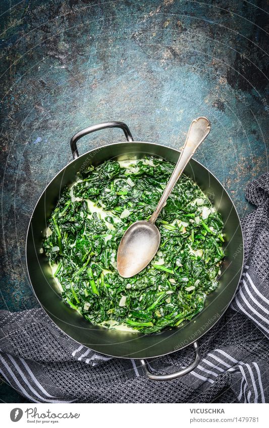 Spinach in cream sauce in casserole dish with spoon Food Vegetable Nutrition Lunch Dinner Organic produce Vegetarian diet Diet Pot Pan Spoon Healthy Eating Life