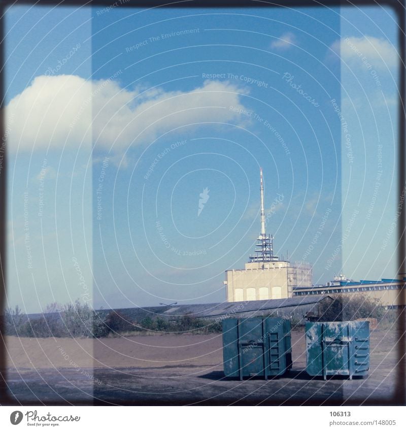 Me And My Imaginary Hasselblad [Bremen-Portland] Empty Badlands Replete Transmitting station Antenna Container Clouds Sky Medium format Industrial Photography