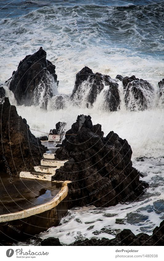 Stairs to the refreshing seaside resort Environment Nature Landscape Plant Winter Bad weather Storm Gale Rock Waves Coast Lakeside Ocean Island Swimming pool