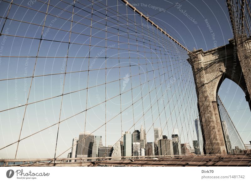 Brooklyn Bridge View City trip Cloudless sky Sunlight Beautiful weather New York City Manhattan Downtown Skyline Deserted High-rise Suspension bridge