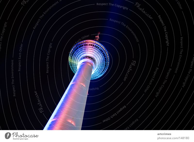 Evening Wardrobe Berlin Night shot Long exposure Black Cyan Light blue Pink Metal Berlin TV Tower Television tower Floodlight Light show Line UFO magentan