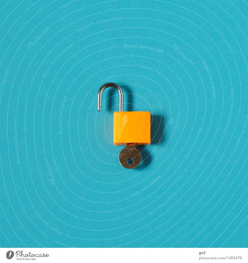 Open-minded Lock Key Sign Esthetic Simple Blue Orange Trust Safety Protection Colour photo Interior shot Studio shot Close-up Deserted Copy Space left