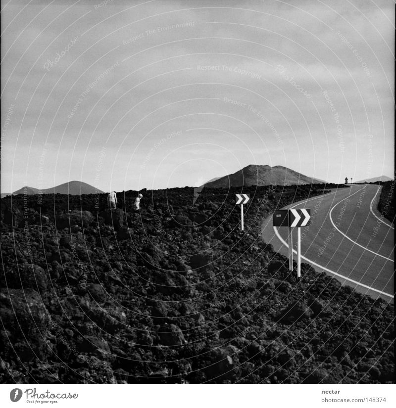 Road To Success In The Desert Of Ignorance Street Work and employment Signs and labeling Arrow Rock Lava Lanzarote Volcano Black Black & white photo White Gray