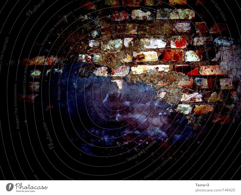 Hit the wall! Plaster Patch Wall (barrier) Brick Stone Red Multicoloured Brown White Black Shadow Old House (Residential Structure) Transience Stone wall Dark