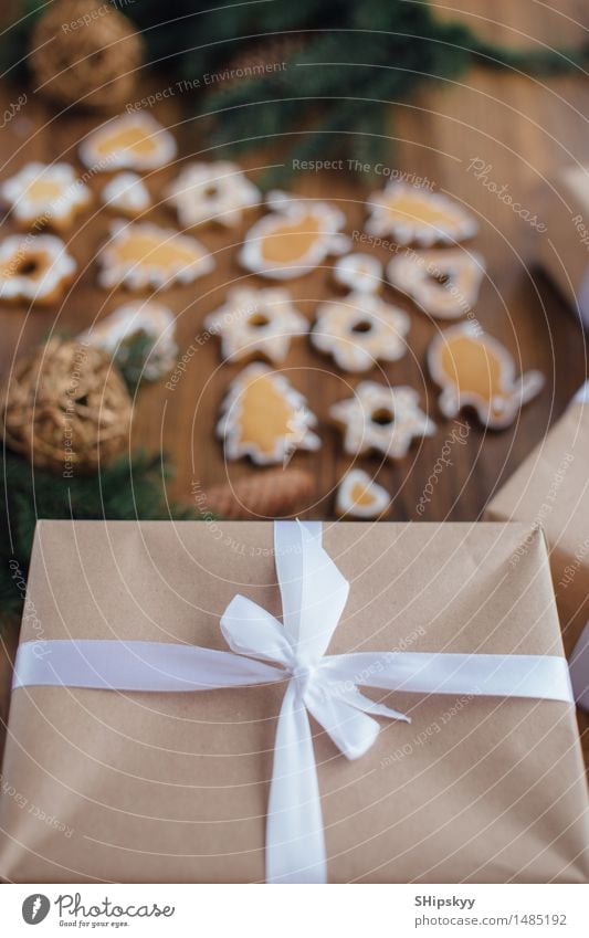 Yellow cookies lying on the table with Christmas tree and gifts Food Cake Dessert Chocolate Jam Cooking oil Eating Breakfast Brown Multicoloured Gold Green