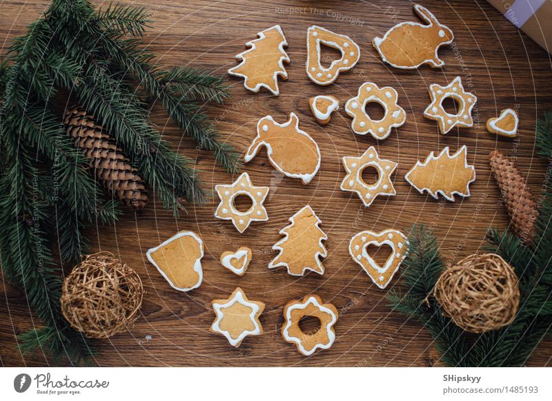 Yellow cookies lying on the table with Christmas tree and gifts Food Cake Dessert Candy Chocolate Eating Lunch Dinner Brown Multicoloured Gold Green Orange