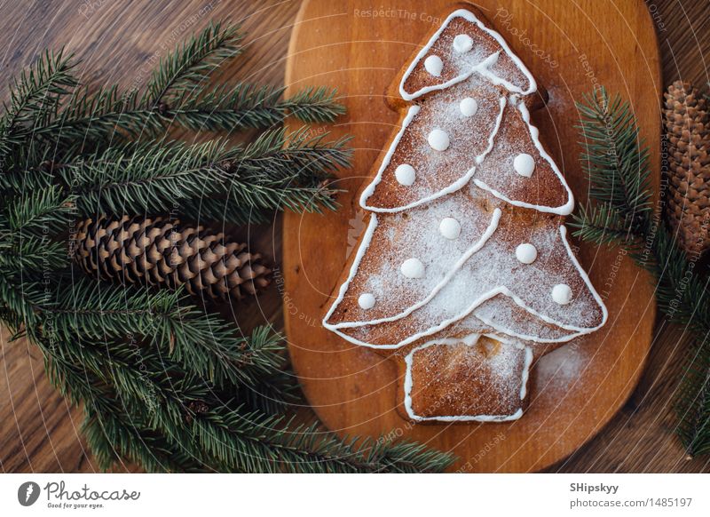 Yellow cookies lying on the table with Christmas tree and gifts Food Bread Croissant Cake Dessert Chocolate Jam Eating Christmas & Advent Birthday Brown