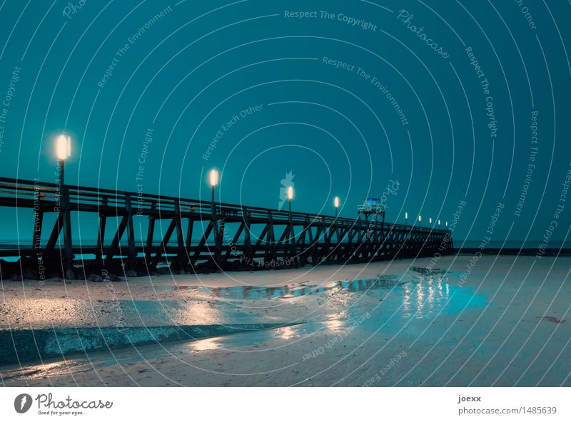 Until the curtain falls Coast Beach France Sea bridge Wood Observe Bright Long Beautiful Blue Black Calm Idyll Safety Surveillance Footbridge Colour photo