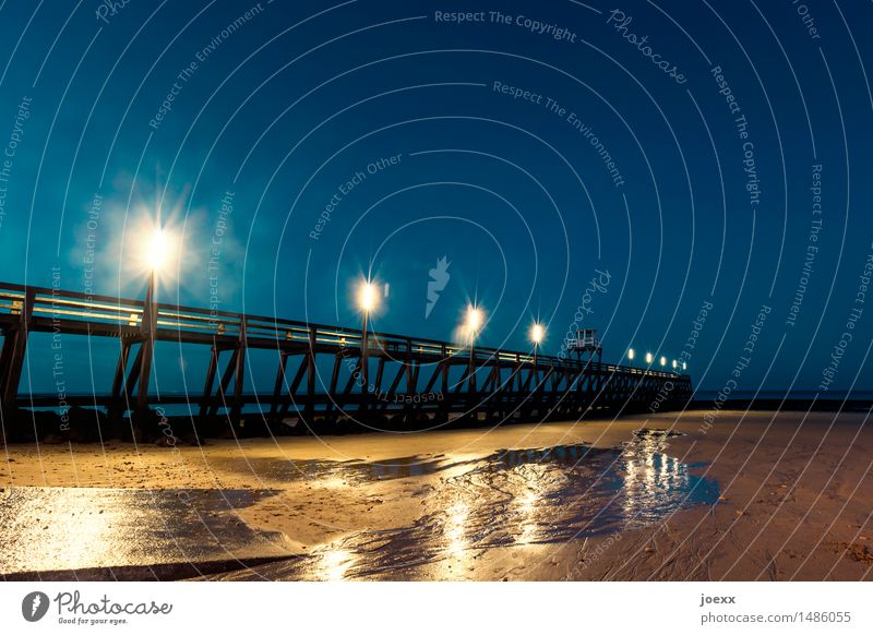 BrExit Sky Night sky Bad weather Coast Beach Footbridge Old Wet Blue Brown Black Colour photo Exterior shot Deserted Evening Twilight Artificial light