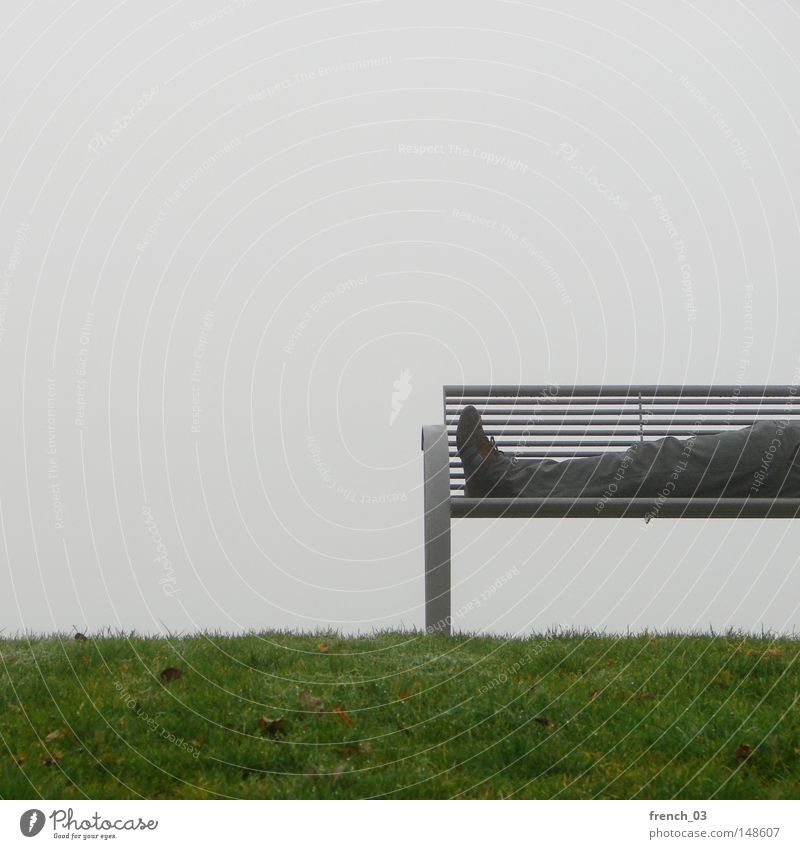 financial crisis Bench Legs Feet Footwear Pants Gray Cold Wet Damp Fog Grass Lawn Grass surface Meadow Green England Scotland Autumn Haze Lie Couch Metal