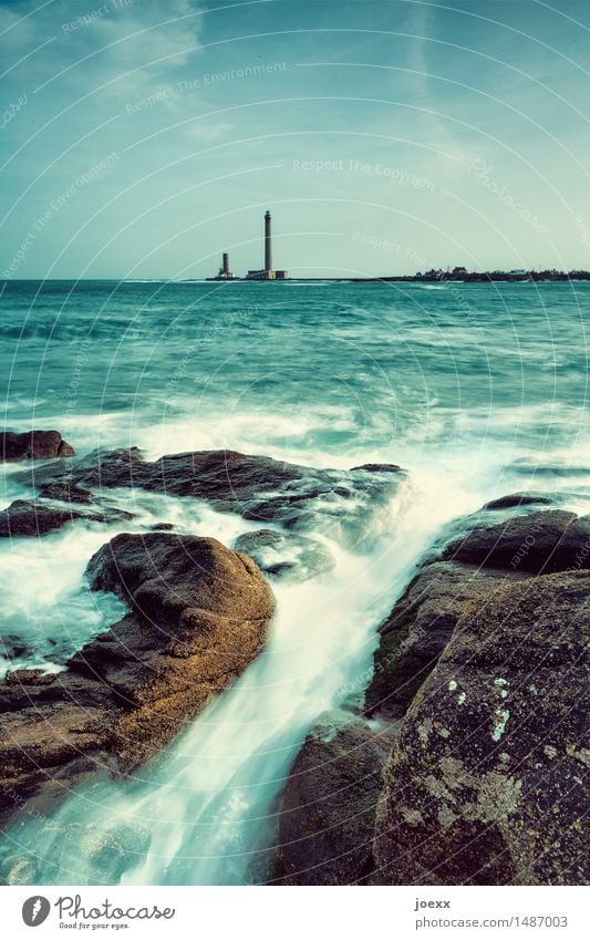 restlessness Landscape Water Sky Beautiful weather Rock Coast Ocean Lighthouse Movement Wild Blue Brown Green Black White Help Hope Horizon Nature Colour photo