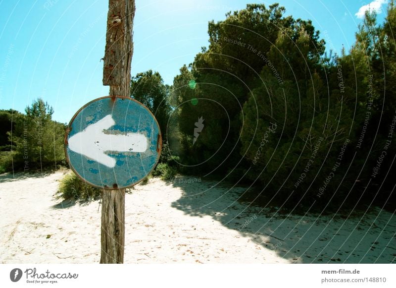 to the left! Arrow Signs and labeling Beach Blue Sky Signage Warning label Left Right Dune Majorca Parking Road sign Turn off Warning sign Navigation system