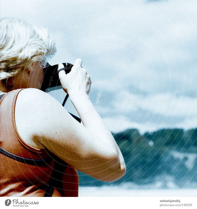 photographing people photographing people Woman Take a photo Sky Gray-haired Summer vacation Retirement Rhein falls