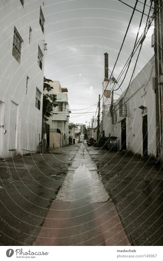 SUNSHINE STATE Alley Residential area Miami Wet Bad weather Storm Asphalt Facade Broken Derelict Hideous Exciting Thunder and lightning Street USA Rain Clouds