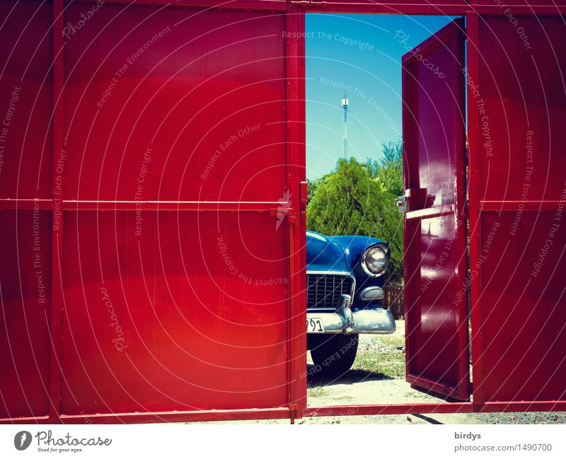 American classic car in front of open door at yard gate Vintage car Lifestyle Style Vacation & Travel Cloudless sky Cuba Caribbean Main gate Exceptional