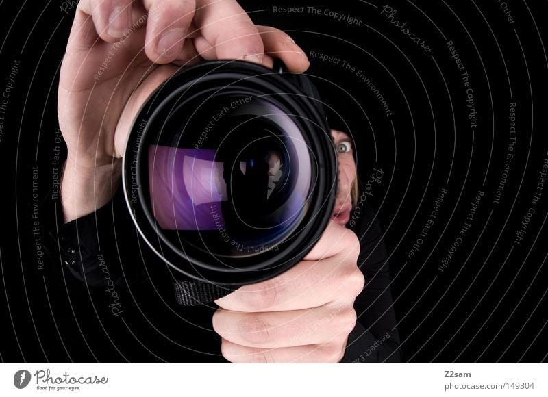 i turn my camera on Camera Photography Fisheye Motionless Posture Man Masculine Retro Black Hand Looking Workshop Reflection Glittering Violet Tourist Near