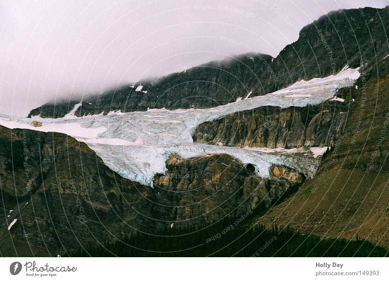 crowfoot Ice Snow Glacier Crow Fog Clouds Above Cold Mountain Canada Banff National Park Jasper North America Frozen surface Melt Climate change Snow melt