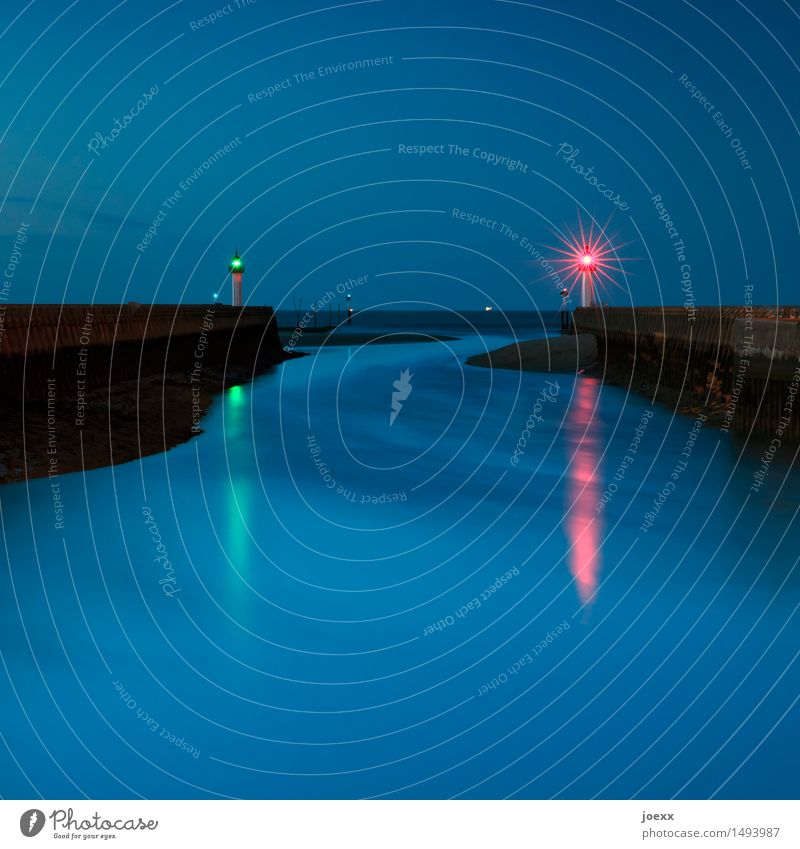 Through the night Horizon Traffic infrastructure Navigation Harbour Dark Maritime Blue Green Red Black Calm Hope Colour photo Exterior shot Deserted Evening