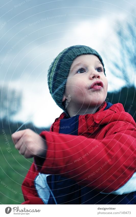 dragon tamer Child Boy (child) Jacket Cap November Autumn Autumnal weather Weather Clouds Wind Gale Passion Cold Wet Comfortless Dark Dreary Dragon Kite