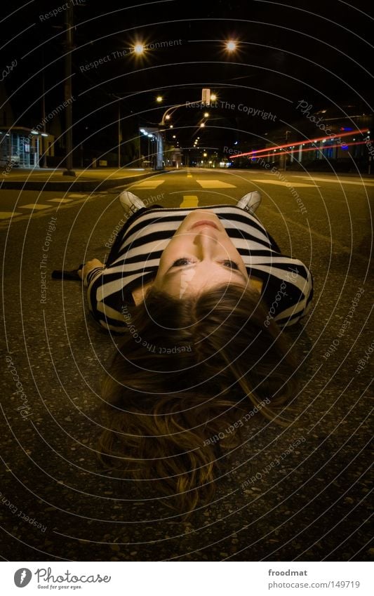 crosswalk Street Transport Night Long exposure Street lighting Woman Beautiful Attractive Striped Asphalt Switzerland Zebra crossing Light Dark Think Footwear