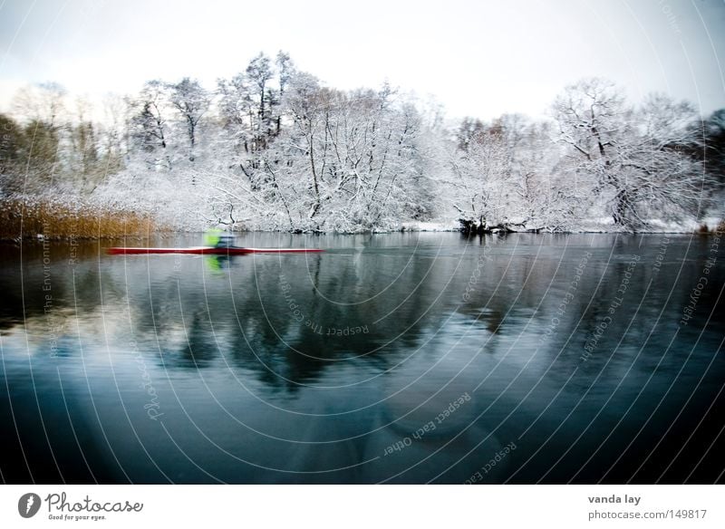 Stockholm Views River Water Body of water Reflection Forest Tree Cold Winter Rower Kayak Sportsperson Motion blur Coast Lakeside River bank Sweden Scandinavia