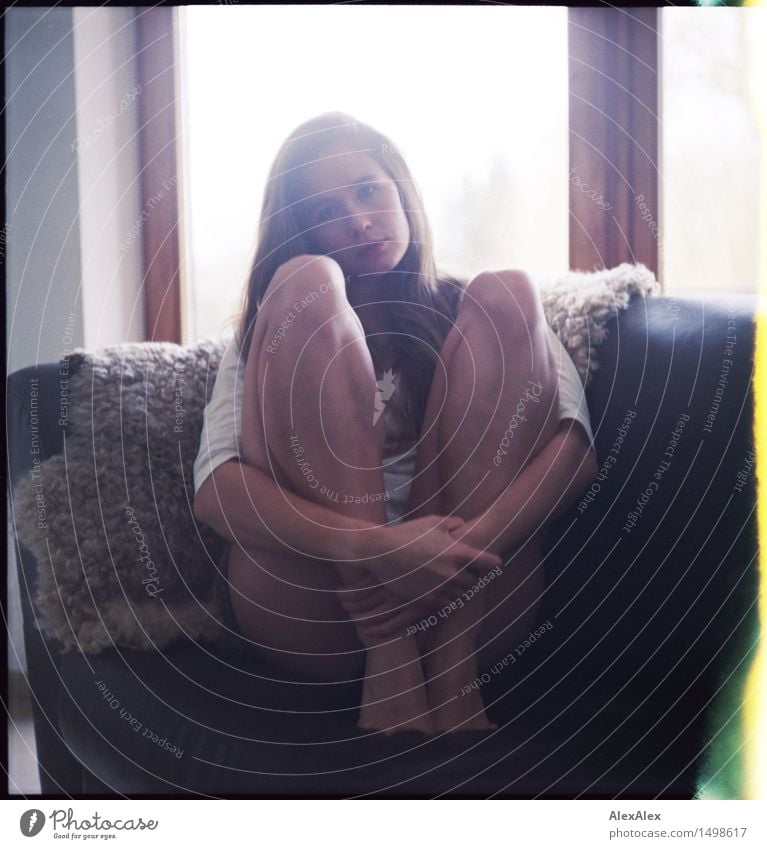 Young woman with long legs sits on a sofa with sheepskin and holds her legs to her upper body with her arms Style Athletic Life Well-being Youth (Young adults)