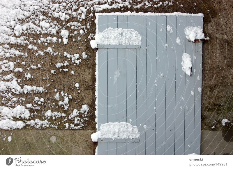 Snow falling in front of my parents' sheds Winter Door Wood White Snowdrift Virgin snow November Closed Snowflake Flake Hinge cordoned off Subdued colour