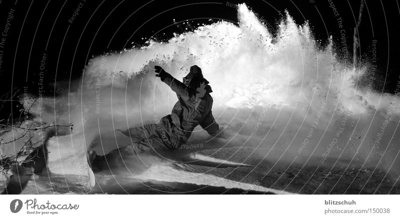 backlightspray Snow Winter Snowboard Snowboarding Deep snow Night Action November Spray Power Joy Flash photo Black & white photo Winter sports matzee