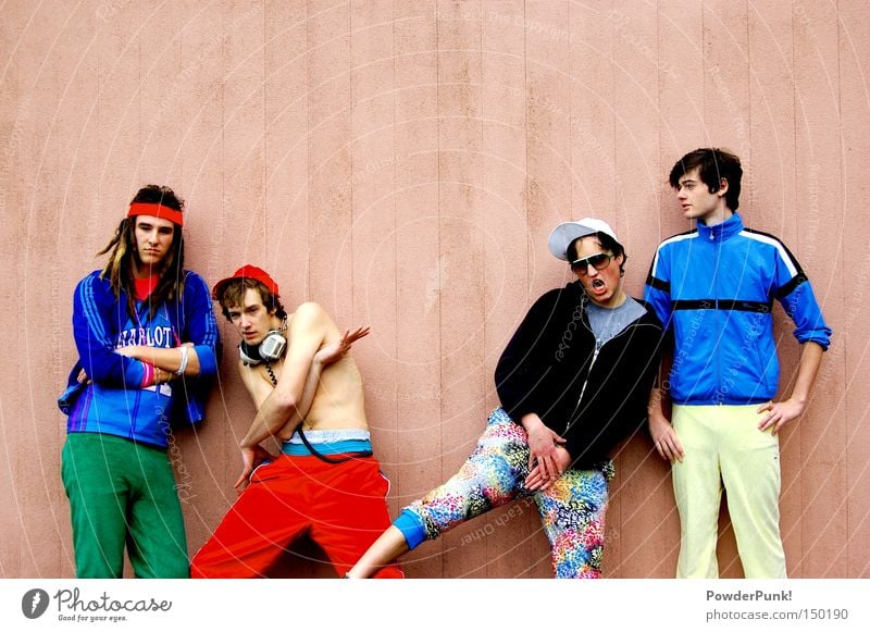 poser Band Music Headphones Pink Wall (building) Retro Man Cap Pants Jacket Summer The eighties Joy Concert Group stylish