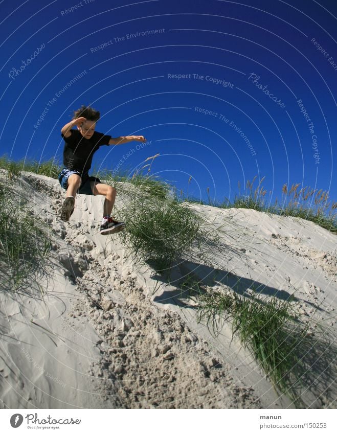 joyful leap Summer Playing Joy Leisure and hobbies Fitness Well-being Happy Healthy Blue Jump Joie de vivre (Vitality) Beach dune Movement Action