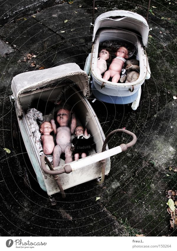 Dolls go out for a walk Teddy bear Old Disregard Broken Destruction Abuse End Grief Distress doll car Infancy