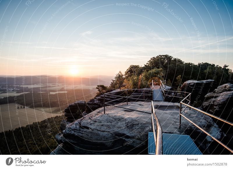 Terrain with railing Adventure Far-off places Freedom Environment Nature Landscape Sky Clouds Sun Sunrise Sunset Sunlight Summer Beautiful weather Tree Bushes