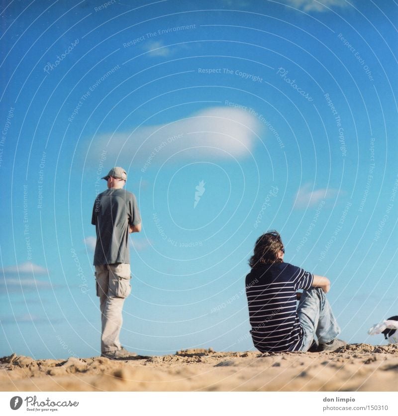 lonely, two together 2 Friendship Human being Clouds Blue Sky Beach Roll film Medium format Analog Communicate