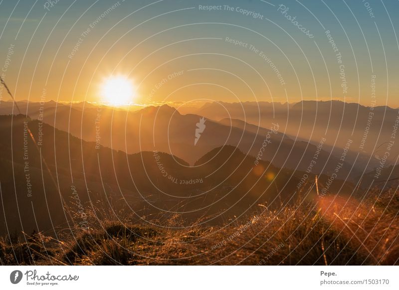 our sun:) Nature Landscape Sunrise Sunset Sunlight Hill Rock Alps Mountain Blue Yellow Orange Harmonious Happy Comforting Colour photo Twilight Panorama (View)