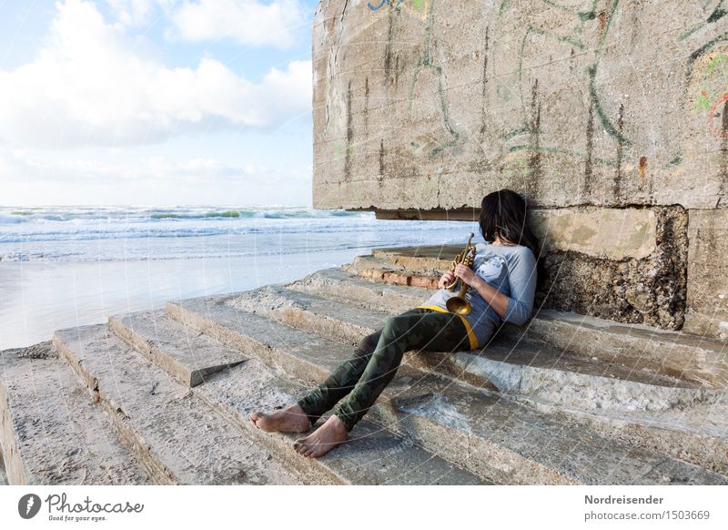 Dreamy..... Lifestyle Harmonious Senses Relaxation Human being Feminine Woman Adults Musician Water Beautiful weather Wind Waves Coast North Sea Ruin