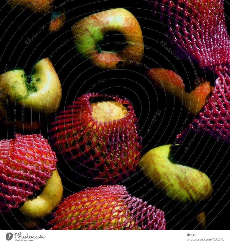 Carnival of apples Fruit Apple Net Packaged Muddled Reddish green Pushing Colour photo Exterior shot Deserted Day Shadow Sunlight Sunbeam Bird's-eye view