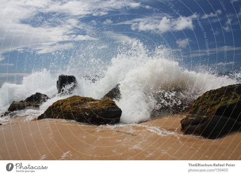 Like sand on the sea Sand Beach Ocean Sea water Waves Hawaii USA Stone Blue Sky Clouds White