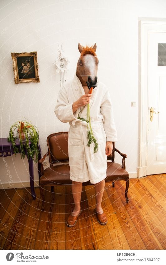 LP. HORSEMAN. VIII Carnival Hallowe'en Human being Masculine 1 Bathrobe Animal Horse Eating Feeding Stand Creepy Funny Retro Town Crazy Bizarre Surrealism Mask