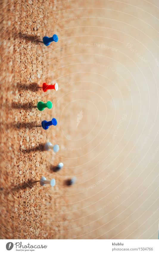 Group of thumbtacks pinned on corkboard. Office Collection Brown pushpin Bulletin board post billboard Blank tag announce Object photography wood bulletin