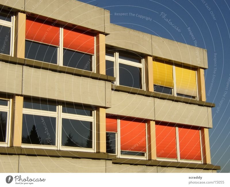 school Yellow Window Roller shutter High School Architecture Sky Blue Orange Sun Gevelsberg School building Deserted Concrete construction Blue sky