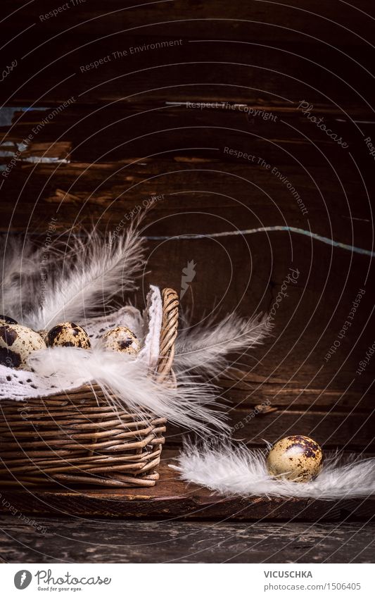 Quail eggs in a basket with feathers on an old wooden table Style Design Life Flat (apartment) Interior design Decoration Table Feasts & Celebrations Easter