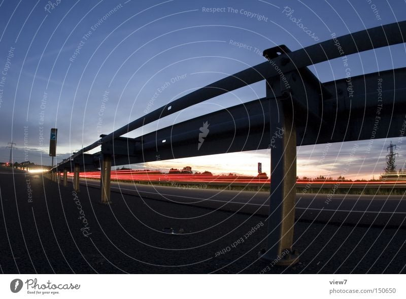 guardrail Crash barrier Transport Street Highway Night Traffic infrastructure Freeway Evening Fisheye Light (Natural Phenomenon) Tracks Bright Pole Sky