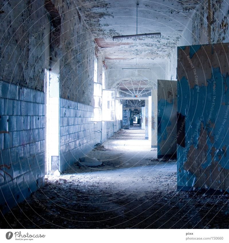 ice cube course Hallway Old building Redecorate Uninhabited Plaster Window Derelict Transience Obscure morbid Colour Tile Loneliness Building Door Open Corridor