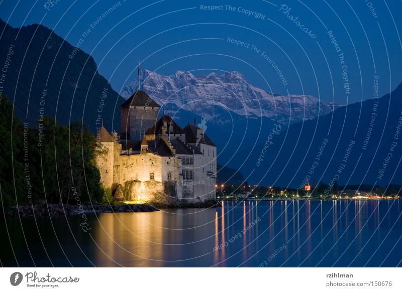 Chillon Castle with the Dents du Midi Lac Lemon Lake Mountain Blue Twilight Fortress Past Light Switzerland Historic chillon Lamp