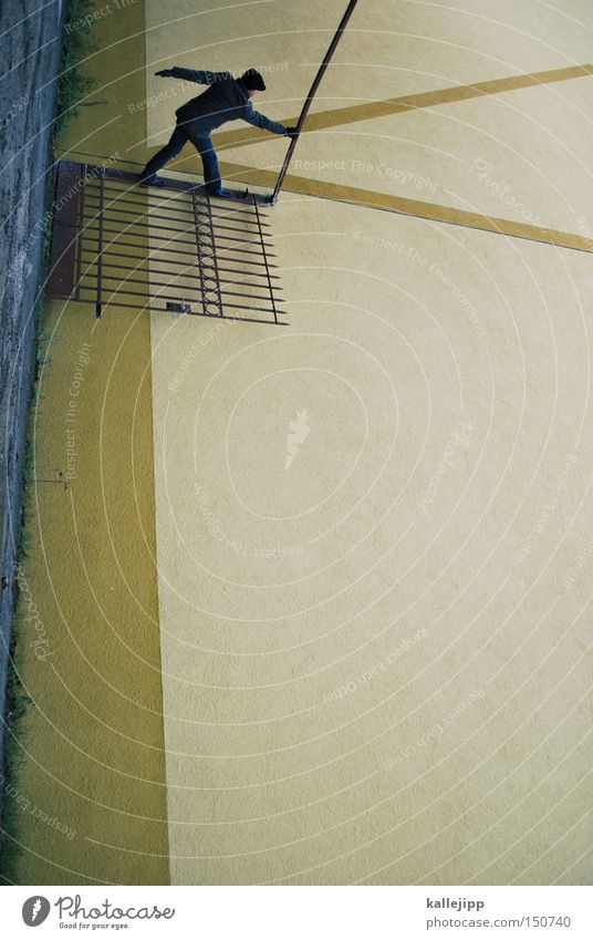 lifeline Man Human being Gate Wall (building) To hold on Stop Block Door handle Rotate Distorted White Full-length representative balance optical illusion