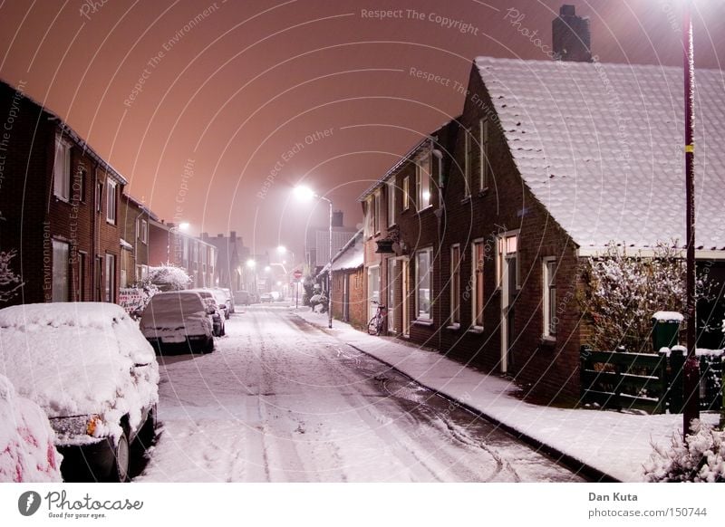 winter dream Long exposure Winter Snow Ice Frost Town Cold Moody Central perspective Night shot Deserted Street lighting Lamp post Snow layer Winter mood