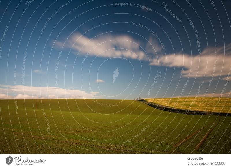 fields Field Agriculture Sowing Ecological Electricity pylon Furrow Street Long exposure Blue Green Plant