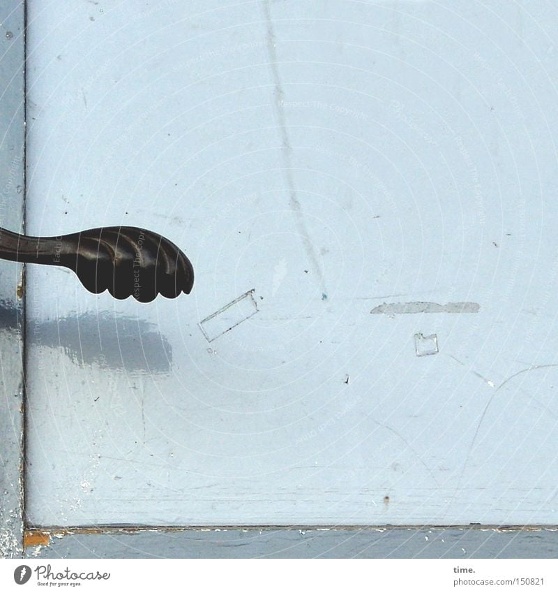 Lifelines #06 Door Varnish Wood Old Black Decline Door handle Sky blue Entrance Tracks Frame Deserted Copy Space top Copy Space right Copy Space bottom