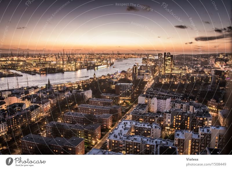 Hamburg from above II Bird's-eye view Reflection Shadow Elbe Colour photo Evening Twilight Light Long exposure Moody Maritime Tourist Attraction Navigation