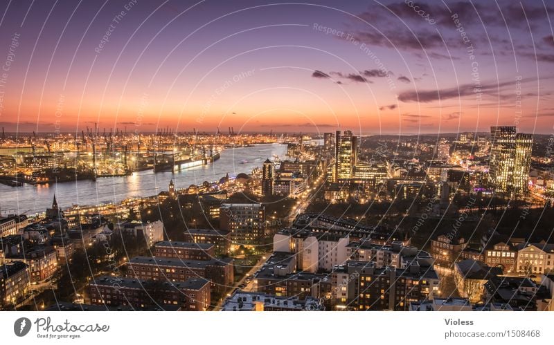 big city lights Hamburg Night Harbour clearer Sea of light Long exposure Sunset Elbe Illuminated City Twilight